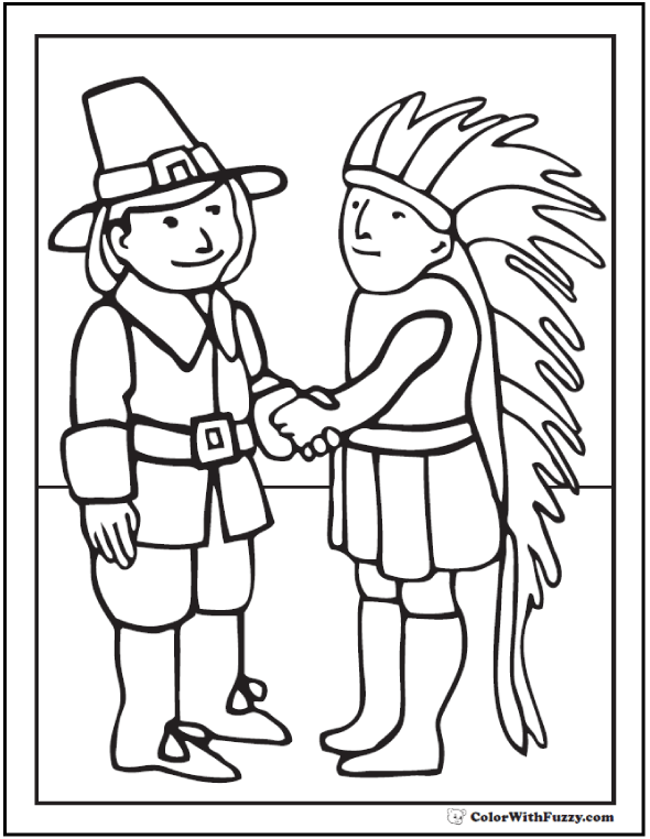Indian Pilgrim Coloring Sheet: Buckles, Hat, Headdress