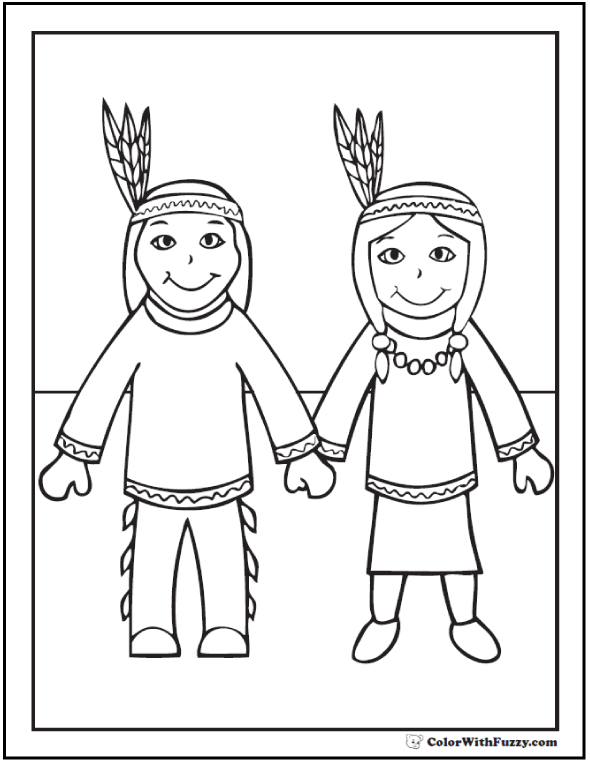 Native Indian Coloring Sheet: Cute Boy And Girl